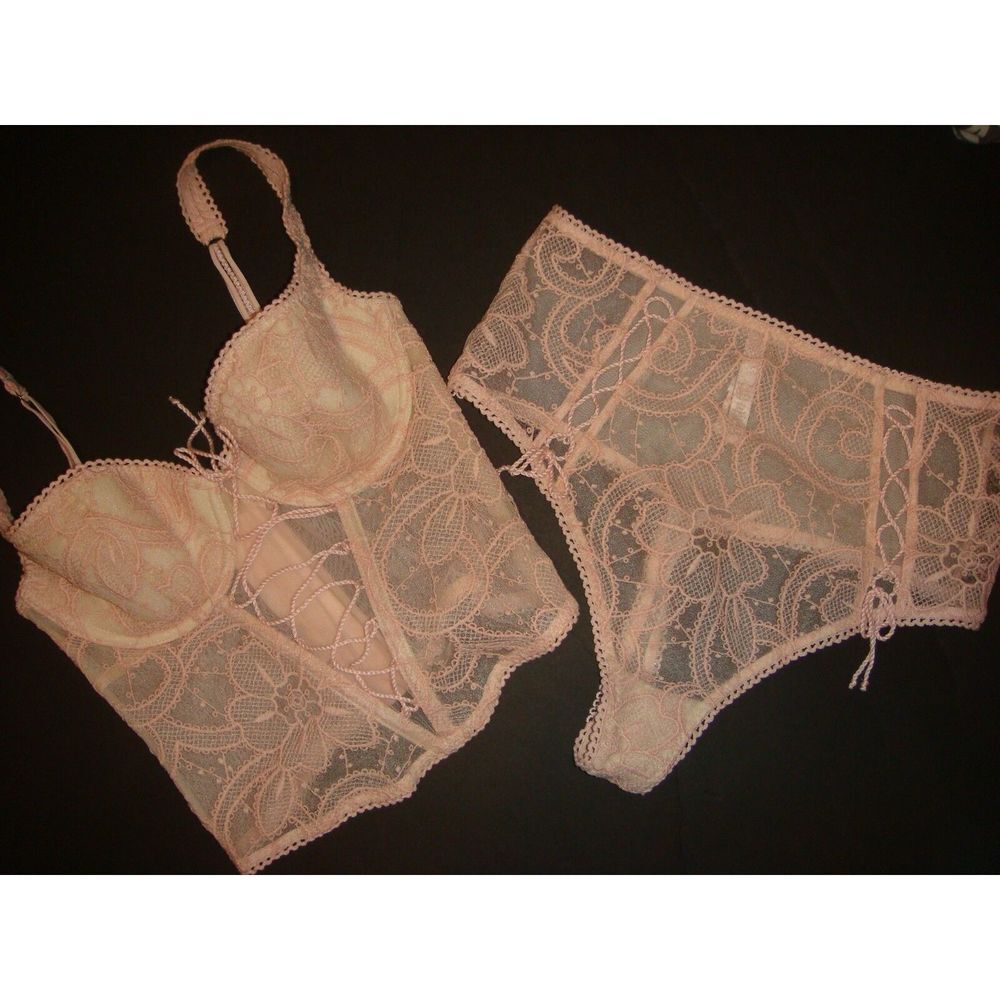Victoria's Secret 34C BRA SET bustier corset XS high-waist thong embroider PINK